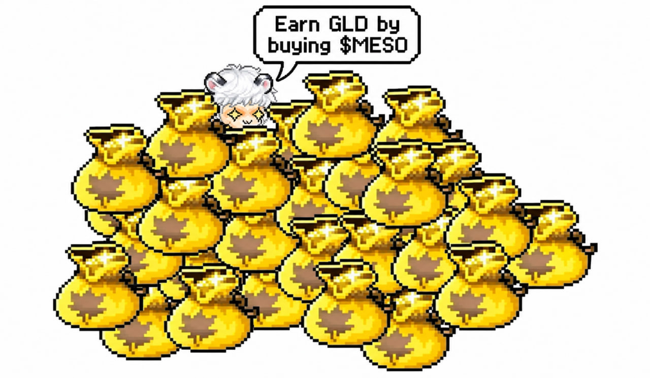 MapleStory character surrounded by golden mesos bags, with a speech bubble reading Earn GLD by buying $MESO